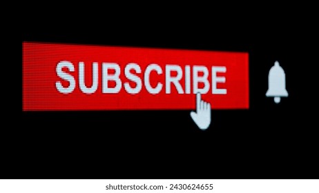 Sign template isolated on black background. Animated social media symbol hand clicking on subscribe button icon on pixel screen. - Powered by Shutterstock