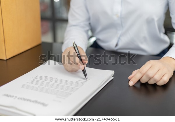 Sign the termination contract, resignation\
letter sign, End of the employment contract or termination of\
employment, Move to a new job, Take the pressure of the work that\
can\'t be done,\
Resignation.