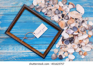 Sign Thank You With Shells And Photo Frame. Vocation Background