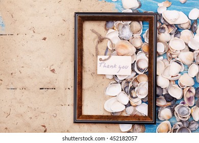 Sign Thank You With Shells And Photo Frame. Vocation Background