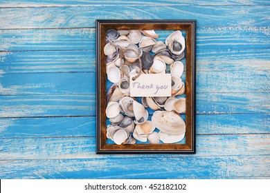 Sign Thank You With Shells And Photo Frame. Vocation Background