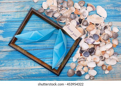 Sign Thank You With Shells And Photo Frame. Vocation Background