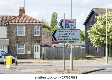 Sign for Town centre and Bus station and places in Bury St Edmunds, England