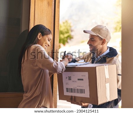 Sign, woman and courier with a package, delivery or box with service, professional or retail. Female person, customer or employee with a parcel, writing or supply chain with distribution or signature