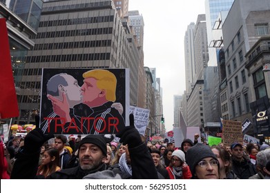 Sign at Women's March Protest in New York With Donald Trump and Vladimir Putin Making Out - January 21, 2017