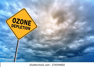 Sign with words 'Ozone depletion' on a background of thunderclouds in cold tones - Shutterstock ID 276594002
