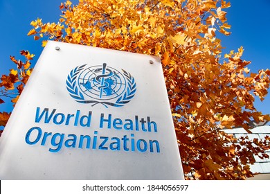 A Sign Of The World Health Organization (WHO) At Their Headquarters In Geneva  On 30 October 2020.