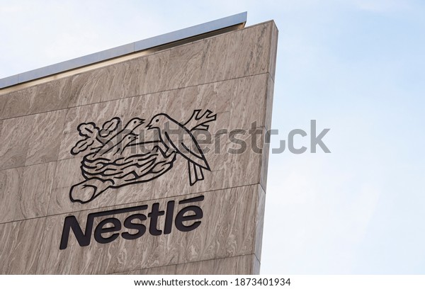 A sign of the world's biggest food company Nestle is
seen at their headquarters on  in Vevey, Switzerland, on 13th
December 2020