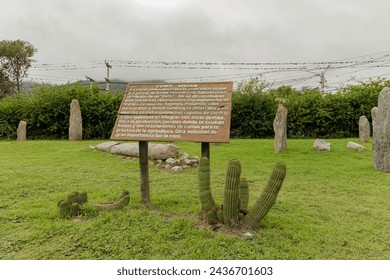 Sign written in Spanish where it says how the aborigines of the area lived. Los Menhires archaeological reserve located in the town of El Mollar in Tucuman.