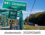 Sign for the WWI Centennial Bridge over the Wolf River in Pall Mall, TN