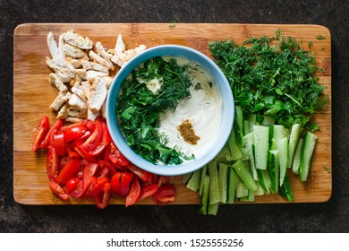 Sign Yin And Yang From Food Close Up Of Chopped Vegetables And Meat