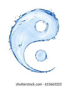 Sign of yin yang made with water splashes, isolated on white background 