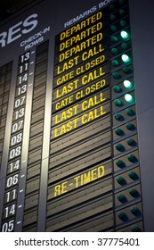 Signage At Airport Making Last Call To Passengers For Boarding. Note Shallow Depth Of Field, Focus On 