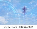 Signal tower or Mobile phone tower with dayligth sky. Telecommunication tower with 5G cellular network antenna. Global connection and internet network concept.