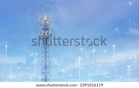 Signal tower or Mobile phone tower .Telecommunication tower with 5G cellular network . Global connection and internet network concept.on city background.