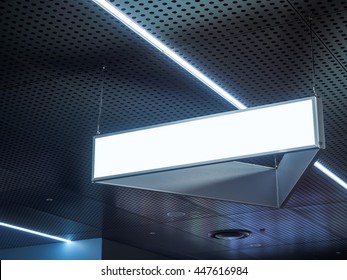 Signboard Hanging In Building Blank Sign With Light 