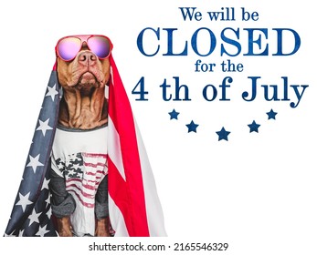 Signboard with the inscription We will be closed for the 4 th of July. Lovable, pretty brown puppy and American Flag. Closeup, no people. Congratulations for family, relatives, friends, colleagues