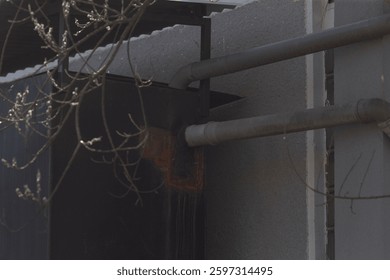 A significant fire is emerging from a pipe located on the side of the building, creating a hazardous situation that needs urgent attention