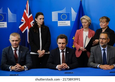 Signing of an Agreement in presence of Ursula von der LEYEN, President of the EU Commission and Jacinda ARDERN, Prime Minister of New Zealand in Brussels, Belgium on Jun. 30, 2022.