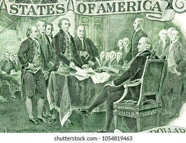 Signing declaration of independence from the two dollar banknote, detail