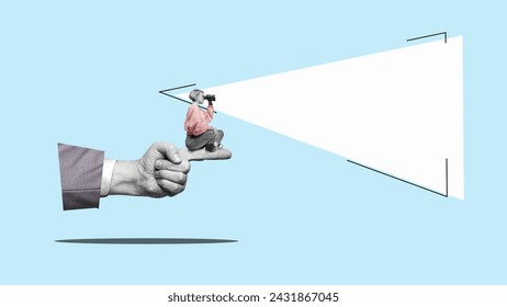 Signpost - a hand shows the business woman with binoculars where to look. Business analytics and strategic. Find a way.
