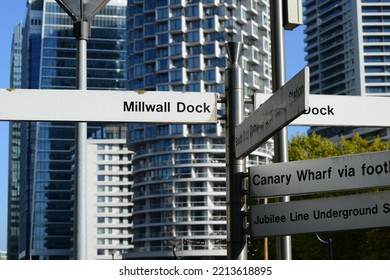 A Signpost Near South Quay DLR Station, Wood Wharf Can Be Seen In The Background. 