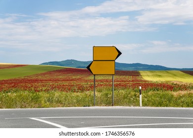 Signpost On Empty Highway, Empty Yellow Sign. During Lockdown