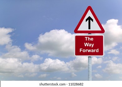 Signpost 'The Way Forward' against a blue cloudy sky background, business concept image.