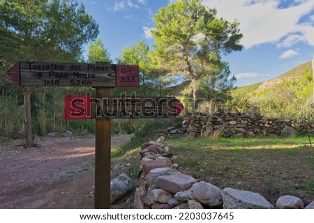 Signposted paths. Directional signpost on long-distance trail in the forest. Selective focused.Fuentes de Ayodar, Spain. Horizontal