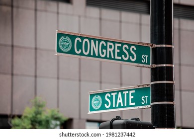 Signs Congress Street And State Street In Boston.