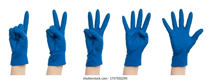 Signs Made With Hands In Blue Medical Gloves. Fingers And Symbols One Two Three Four Five. Isolated On White Background. Healthcare Workers, Vitamins, Vaccination Concept, Medical Store, Pharmacy.