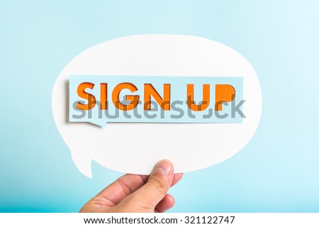 Sign-up button on speech bubble and blue background.