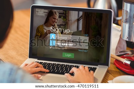 signup screen with blonde girl and pad against woman using laptop at office