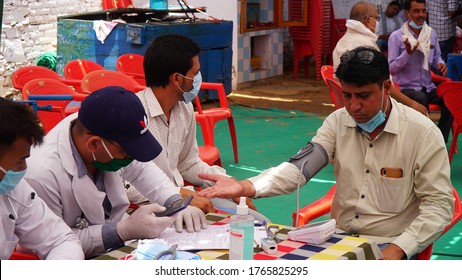 Sikar, Rajasthan, India - June 28, 2020: Doctor Checking Blood Pressure On Blood Donation Camp, Donation To Support During Coronavirus