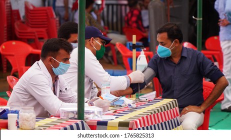 Sikar, Rajasthan, India - June 28, 2020: Doctor Checking Blood Pressure On Blood Donation Camp, Donation To Support During Coronavirus