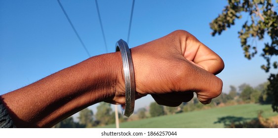 Sikh Khalsa Symbols Iron Bracelet Love Da Kara, Circular Kada Iron Bracelet On Nature Background, 