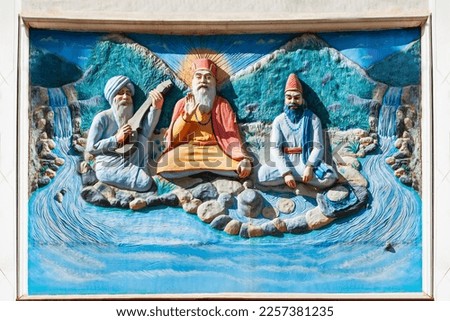 Sikh mural at the Gurudwara Shri Manikaran Sahib is a sikh gurdwara in Manikaran, Himachal Pradesh state in India 