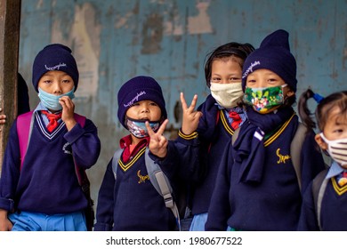 Sikkim, India, 26.02.2020: Kids Going To School With Mask