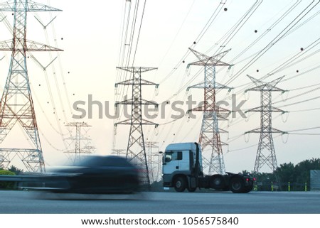 Silhoueet. Electrical tower at open sky.