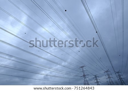 Silhoueet. Electrical tower at open sky.