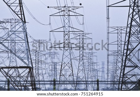 Silhoueet. Electrical tower at open sky.