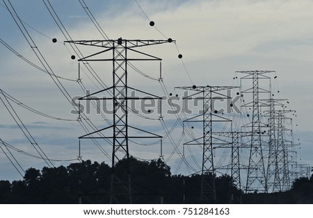 Silhoueet. Many electrical tower at open sky.