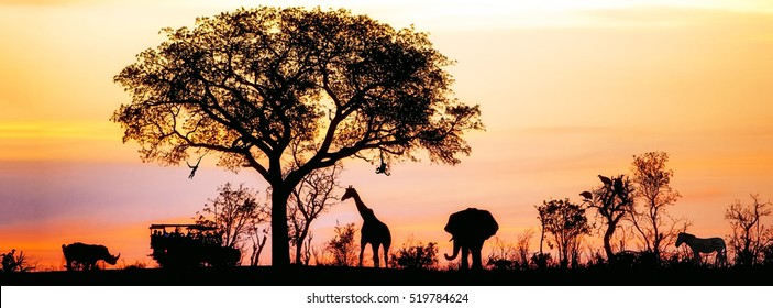 Silhouette Of African Safari Scene With Animals And Vehicle