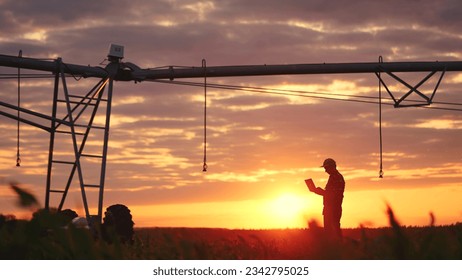 silhouette agriculture. male farmer works on a laptop in a field with green corn sprouts. corn is watered by sunlight irrigation machine. irrigation agriculture business concept - Powered by Shutterstock