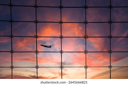 Silhouette of an airplane against a window with square grids and a stormy sunset in the background - Powered by Shutterstock - Get 15% off with code: PIKWIZARD15