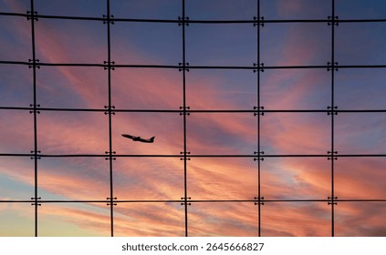 Silhouette of an airplane against a window with square grids and a dramatic sunset in the background - Powered by Shutterstock - Get 15% off with code: PIKWIZARD15