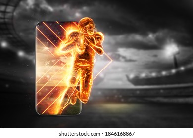 A Silhouette Of An American Football Player On Fire Crawls Out Of A Smartphone. Online Sports Concept, Speed, Bet, American Game. 3D Illustration, 3D Render