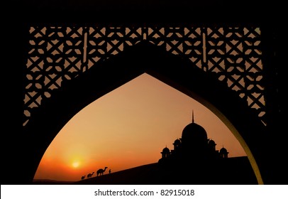 Silhouette Of Arabic Architecture  On Desert