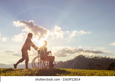 silhouette of asian mother in wheelchair with daughter in spring nature at sunset.