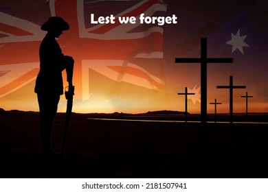 Silhouette Of An Australian Soldier With Arms Reversed Against A Golden Sunrise With Crosses And The Australian Flag In The Background. Anzac Day Concept With Copy Space.